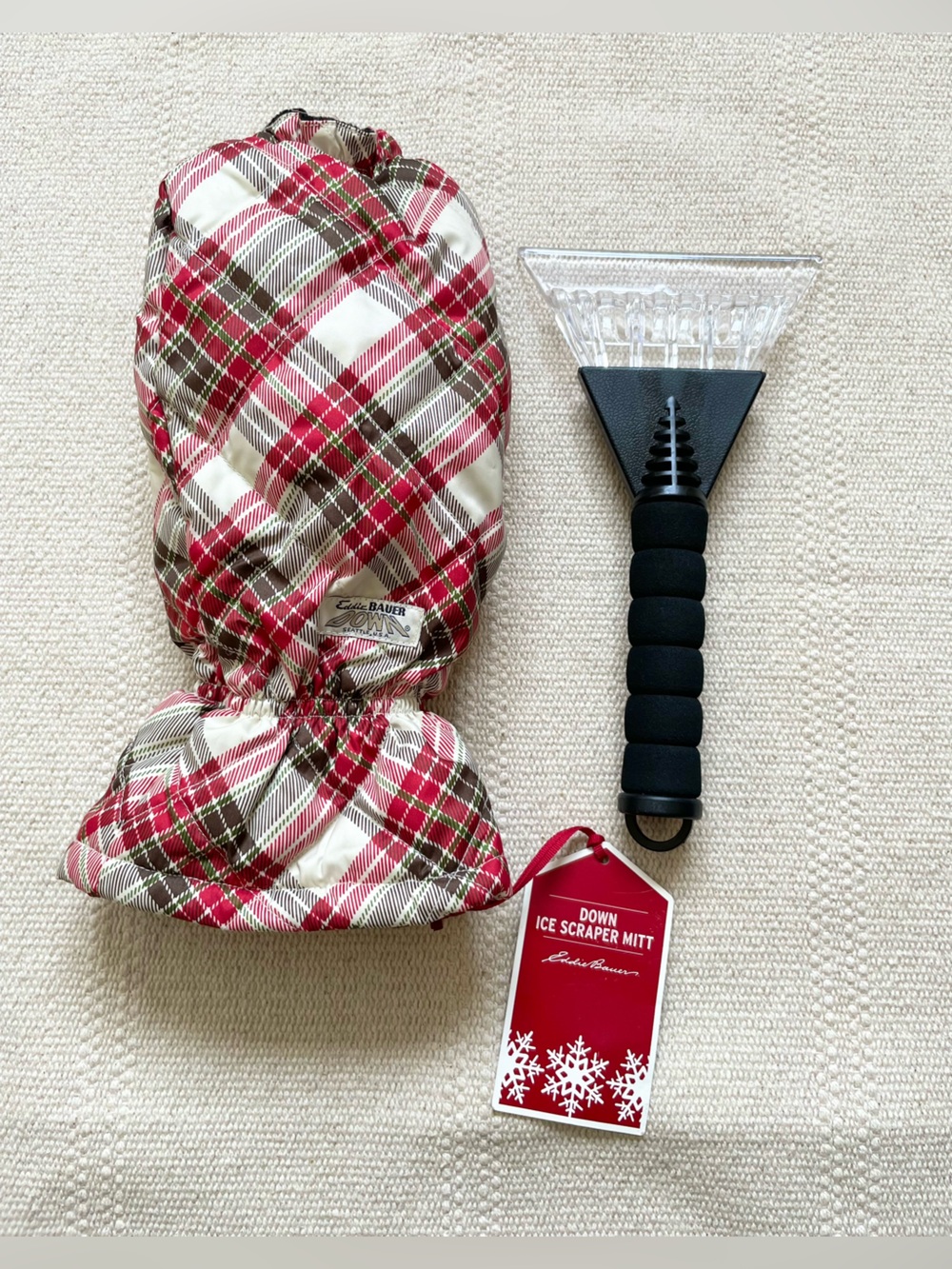 Eddie Bauer Goose Down Fitted Ice Scraper Mitt Red Green Plaid New Vintage